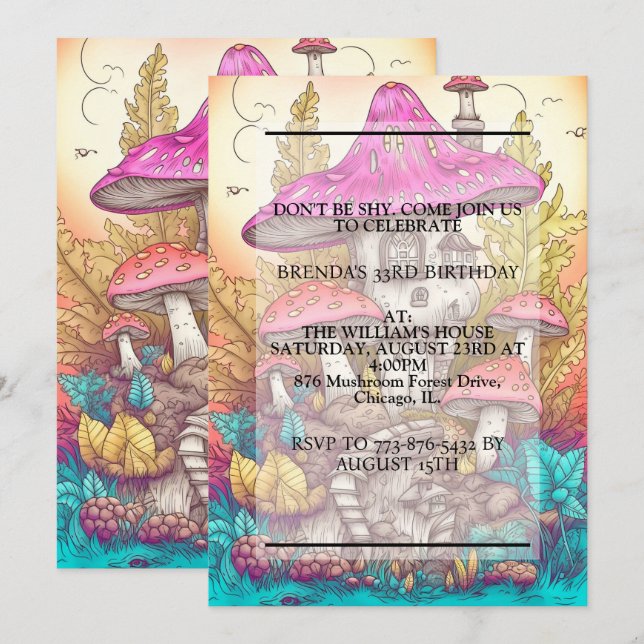 Colourful Mushroom Dwelling Hut Birthday Party Invitation (Front/Back)