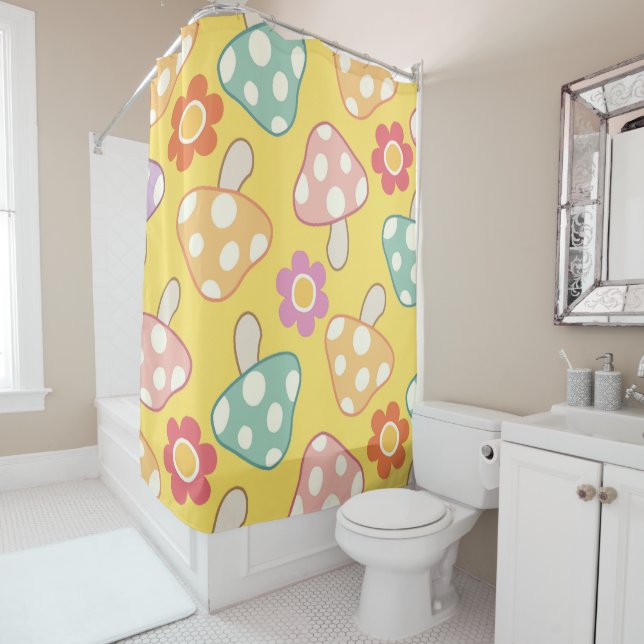 Colourful Mushroom & Floral Shower Curtain (In Situ)