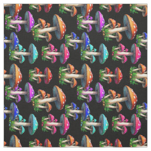 Colourful Mushroom On Black Background Textile Fabric