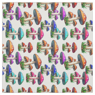 Colourful Mushroom On White Background Textile Fabric