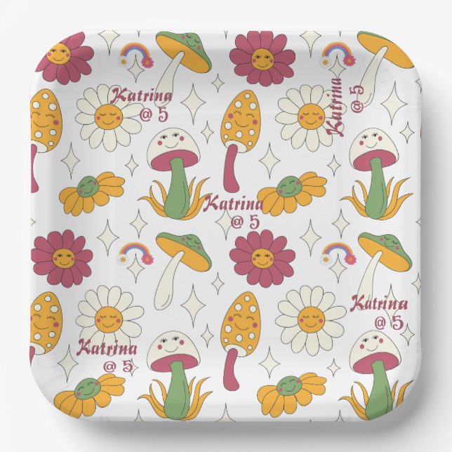 Colourful Mushroom, Rainbow and Daisies Pattern Paper Plate (Front)