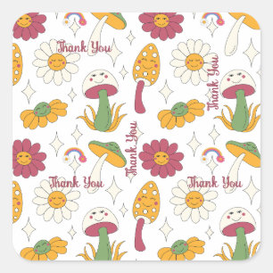 Colourful Mushroom, Rainbow and Daisies Pattern Square Sticker