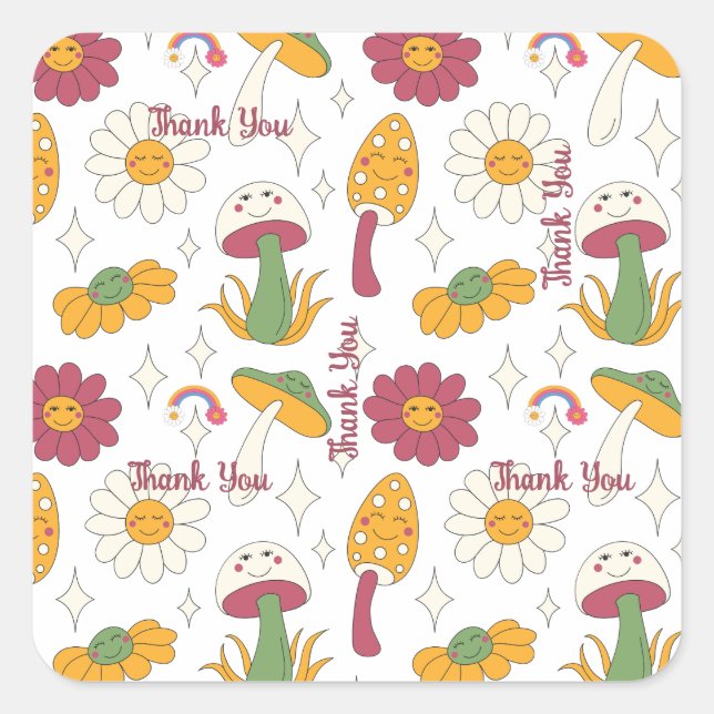 Colourful Mushroom, Rainbow and Daisies Pattern Square Sticker (Front)