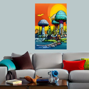 Colourful mushroom town AI Art Poster