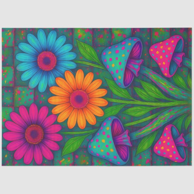Colourful Mushrooms and Daisies Quilted Pattern  Tissue Paper (Front)