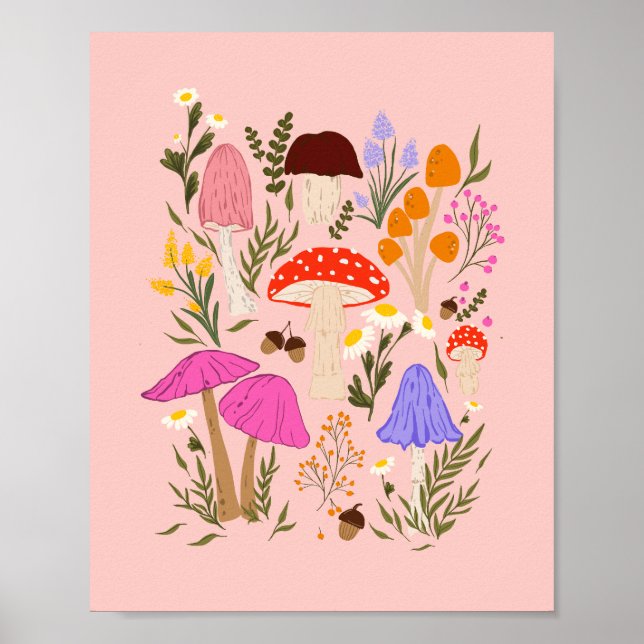 Colourful mushrooms and wildflowers illustration  poster (Front)