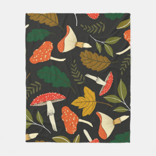 Colourful mushrooms, leaves, vintage full colour. fleece blanket