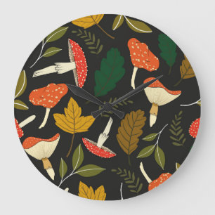 Colourful mushrooms, leaves, vintage full colour. large clock