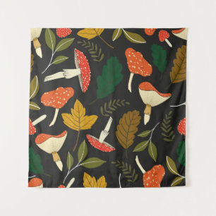 Colourful mushrooms, leaves, vintage full colour. tapestry