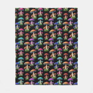 Colourful Mushrooms On Black Background  Fleece Blanket