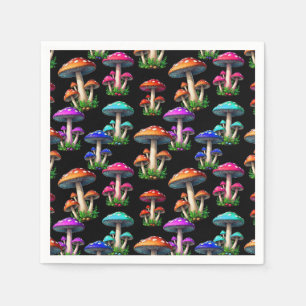 Colourful Mushrooms On Black Background Napkin