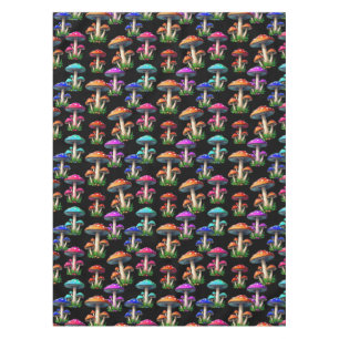 Colourful Mushrooms On Black Background Tablecloth