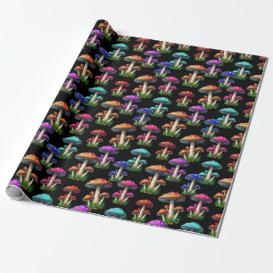 Colourful Mushrooms On Black Background  Wrapping Paper