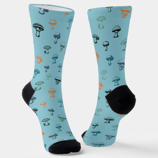 Colourful Mushrooms on Solid Blue Background Socks (Angled)