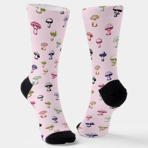 Colourful Mushrooms on Solid Pink Background  Socks