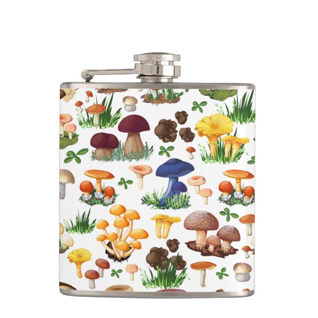 Colourful Mushrooms on White Hip Flask (Front)