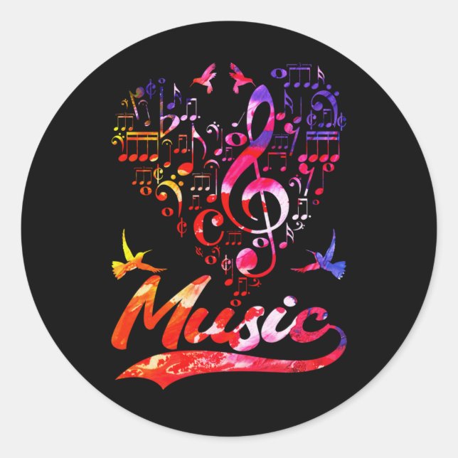 Colourful Music Bass Clef Bird Lover Musical Notes Classic Round Sticker (Front)