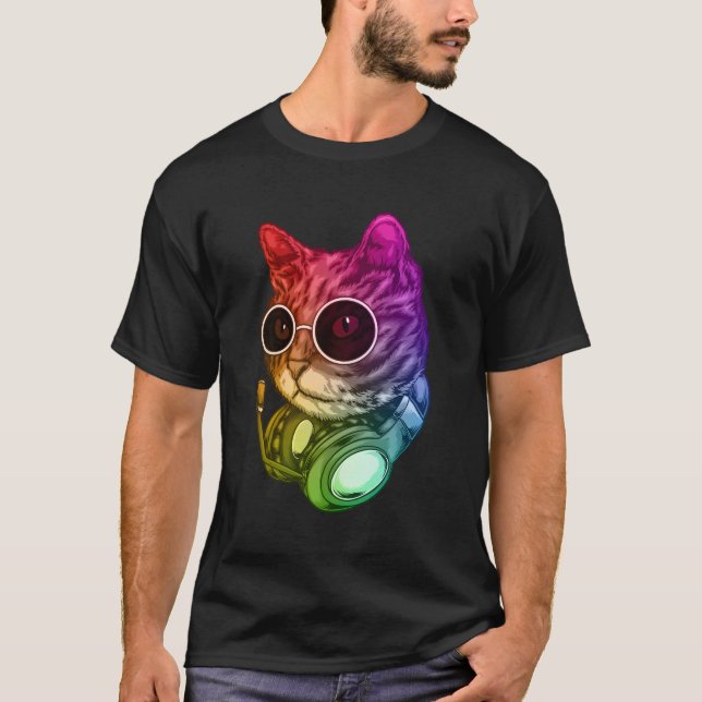 Colourful Music Cat Headphones Raver Animal T-Shirt (Front)