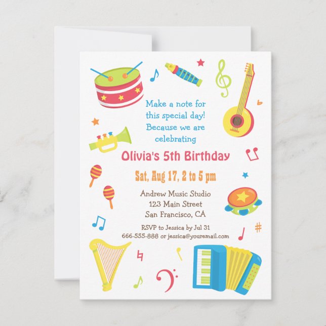 Colourful Music Instruments Kids Birthday Party Invitation (Front)