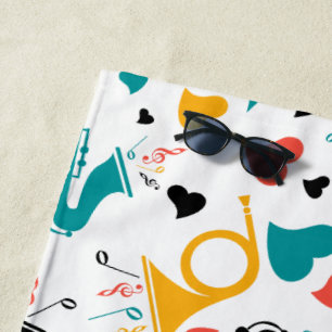 Colourful Music Instruments Note & Hearts Pattern Beach Towel