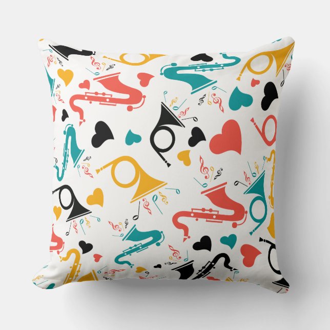 Colourful Music Instruments Note & Hearts Pattern Cushion (Front)