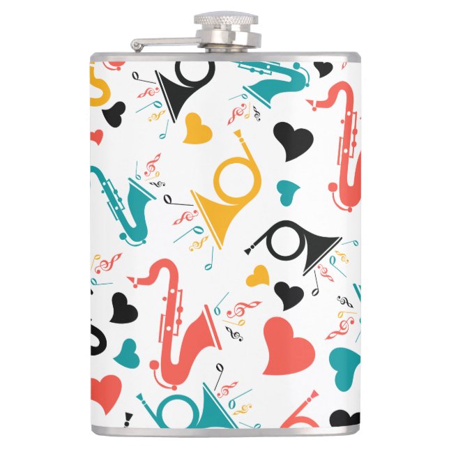 Colourful Music Instruments Note & Hearts Pattern Hip Flask (Front)