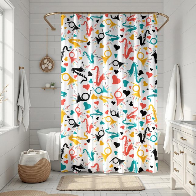 Colourful Music Instruments Note & Hearts Pattern Shower Curtain (Creator Uploaded)