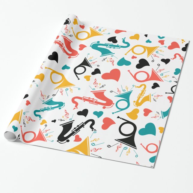 Colourful Music Instruments Note & Hearts Pattern Wrapping Paper (Unrolled)