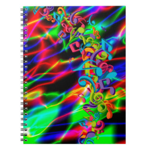 colourful music notes neon bright background notebook