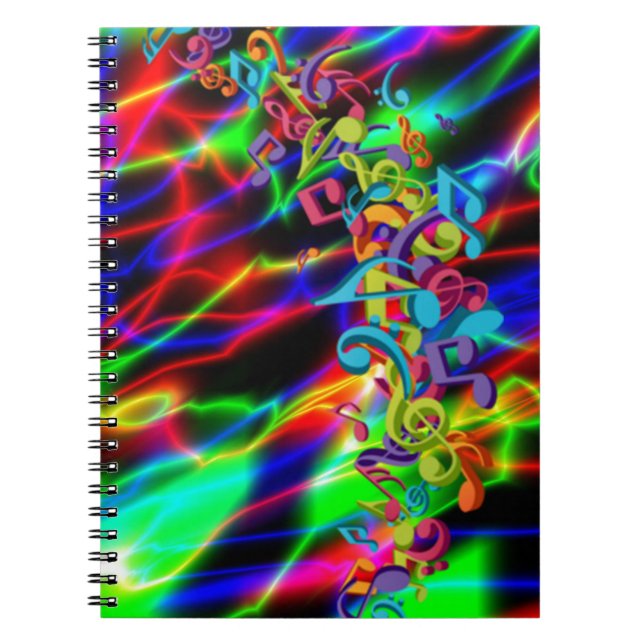 colourful music notes neon bright background notebook (Front)