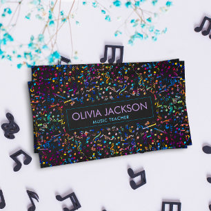 Colourful Music Notes pattern on black Business Card