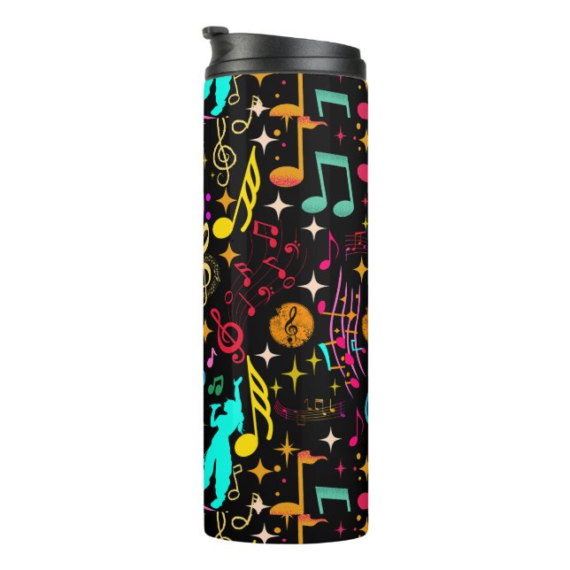 Colourful music notes pattern on black thermal tumbler (Rotated Right)