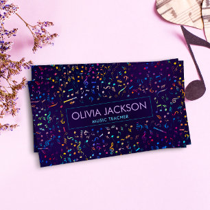 Colourful Music Notes pattern on violet Business Card