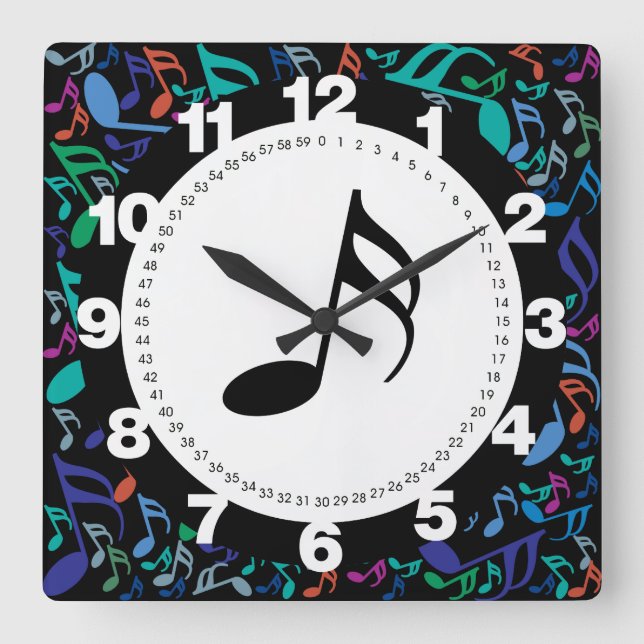 Colourful Music Notes Square Wall Clock (Front)