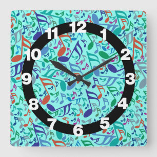 Colourful Music Notes Square Wall Clock
