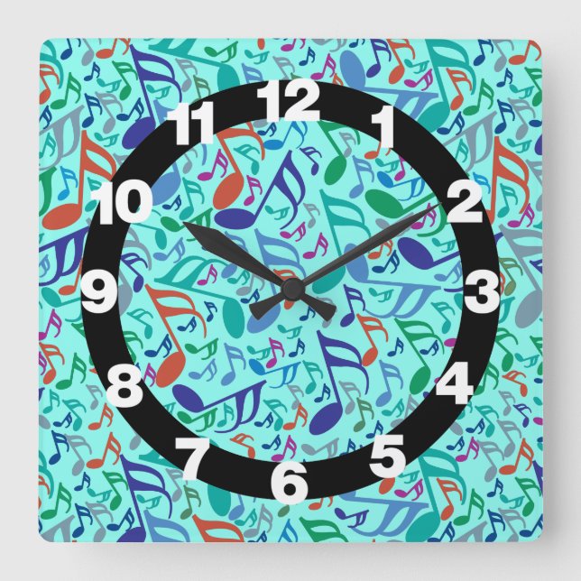 Colourful Music Notes Square Wall Clock (Front)