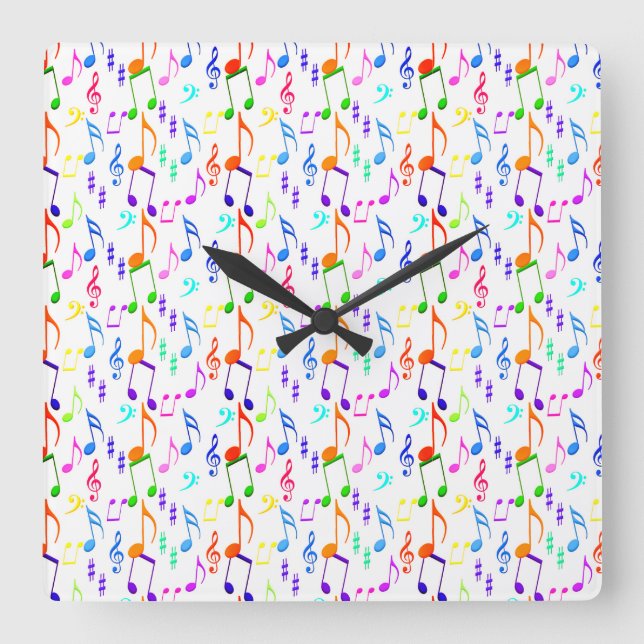 Colourful Music Symbols On White Square Wall Clock (Front)