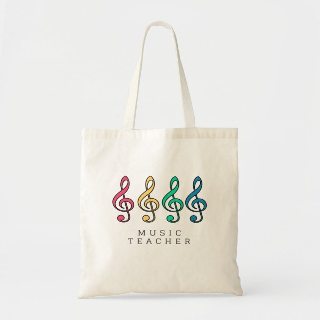 Colourful Music Teacher Tote Bag With Treble Clefs (Front)