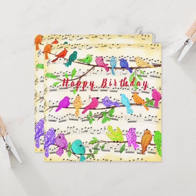 Colourful Musical Birds Song Birthday Card (Front/Back In Situ)