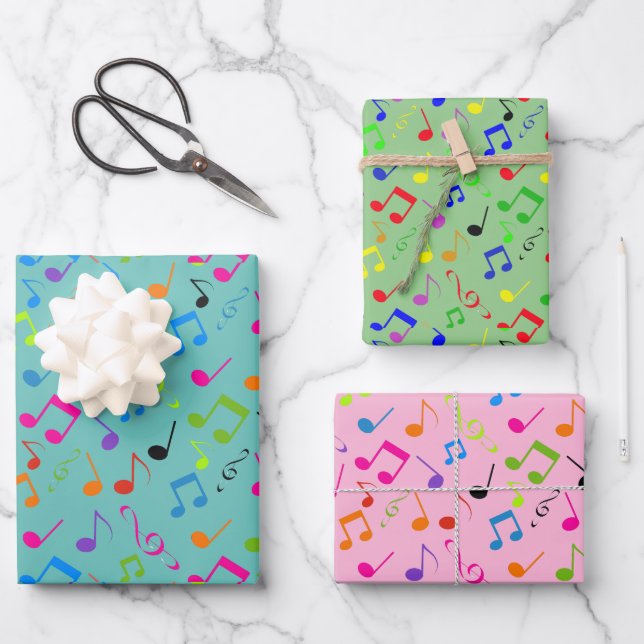 Colourful Musical Notes Design Wrapping Paper Sheet (Front)