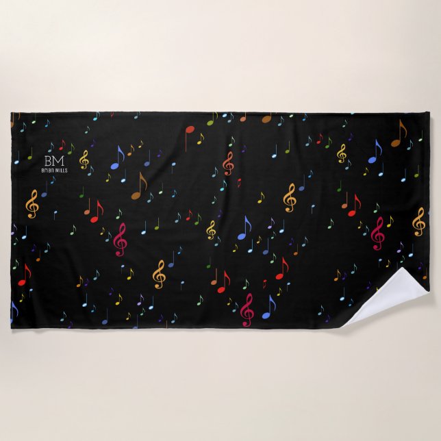 Colourful Musical notes on a cool black Beach Towel (Front)