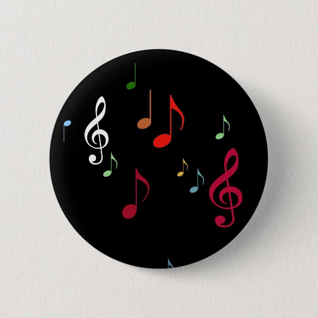 colourful musical notes on black 6 cm round badge (Front)