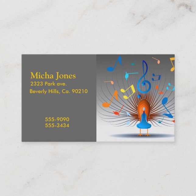 Colourful Musical Notes Peacock Business Card (Front)
