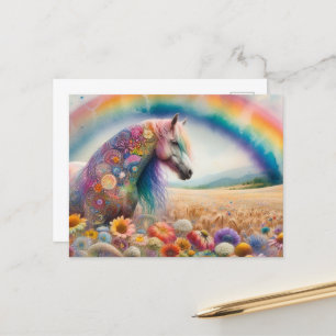 Colourful Mustang under a Rainbow Wildflower Meado Postcard