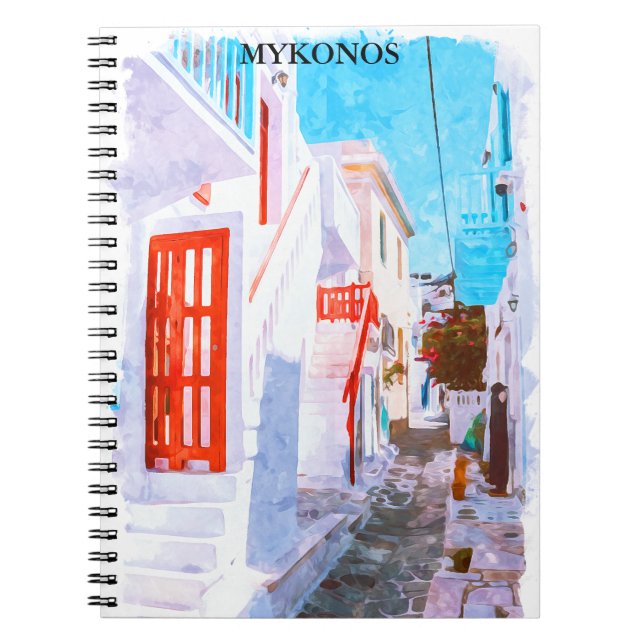 Colourful Mykonos Greece Retro Travel Watercolor Notebook (Front)
