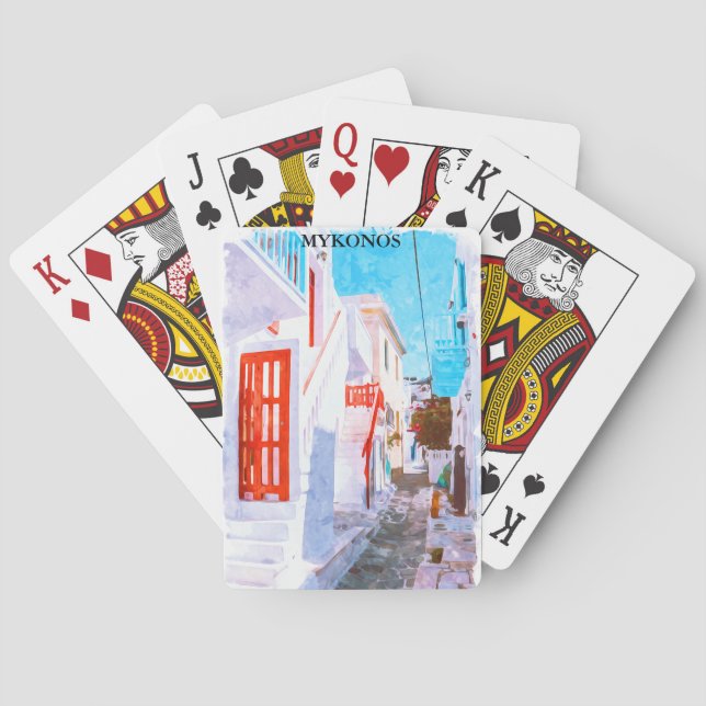 Colourful Mykonos Greece Retro Travel Watercolor Playing Cards (Back)