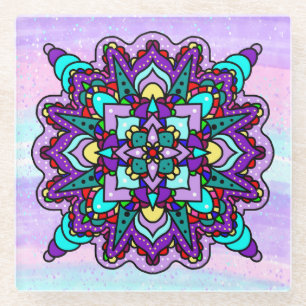Colourful Mystical Mandala in Purple and Blue Glass Coaster
