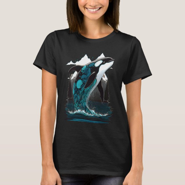 Colourful mystical orca whale watching dolphin pot T-Shirt (Front)