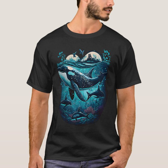 Colourful mystical orca whale watching dolphin pot T-Shirt (Front)