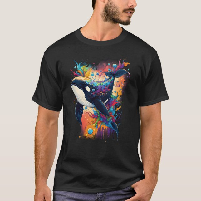 Colourful mystical orca whale watching dolphin pot T-Shirt (Front)